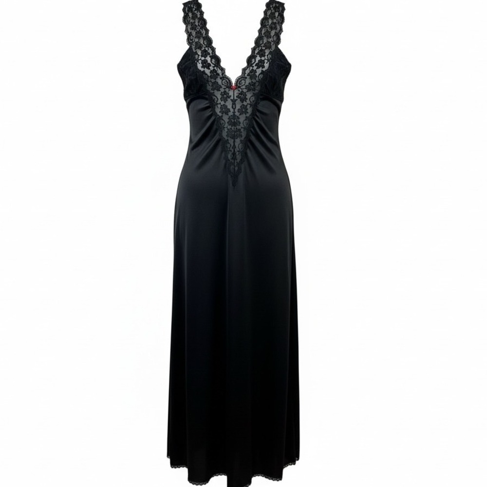 Sabrina for Mervyn's Vintage Black Lace V-Neck Maxi Nightgown Rosebud Small USA